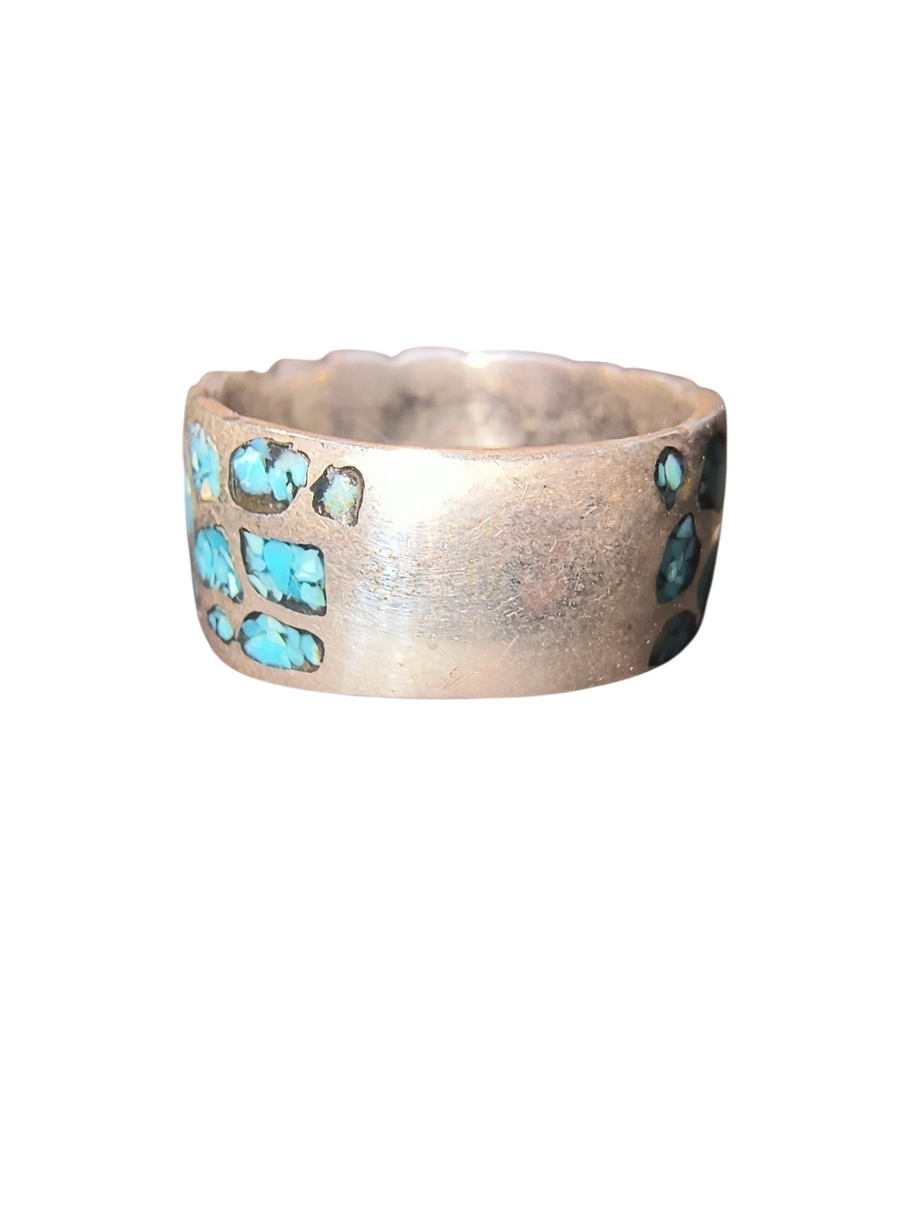 Turquoise Chip Inlay Sterling Silver Wide Band Ring - Picture 9 of 10